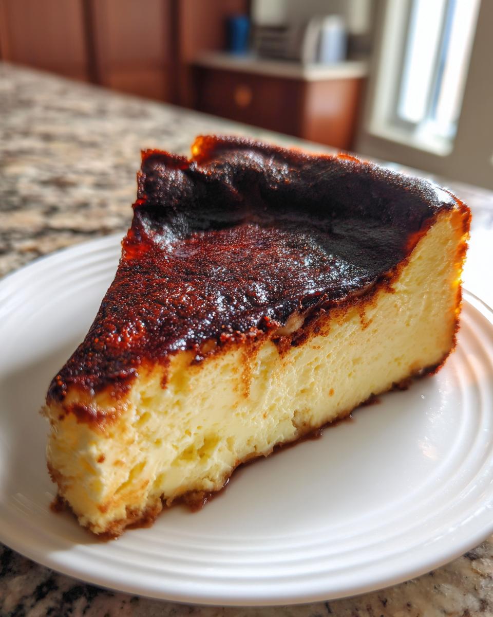 A creamy slice of Basque burnt cheesecake with a dark, caramelized top, served on a white plate.
