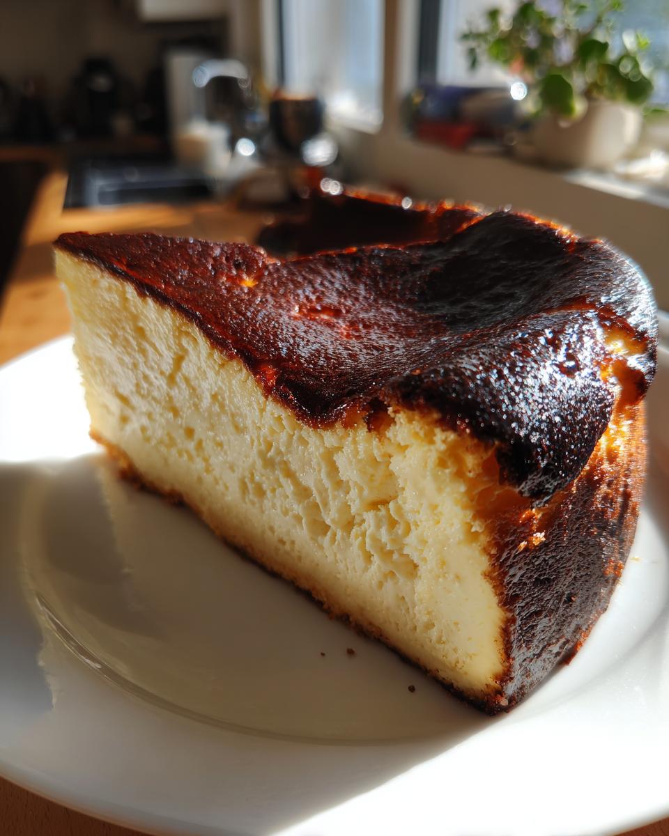 A close-up slice of creamy Basque burnt cheesecake showing the signature dark, caramelized top.