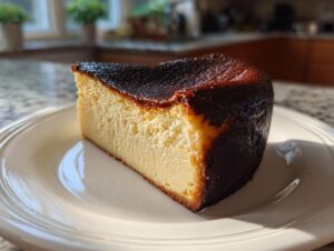 A close-up slice of creamy Basque burnt cheesecake with a deeply caramelized, dark top, sitting on a white plate.