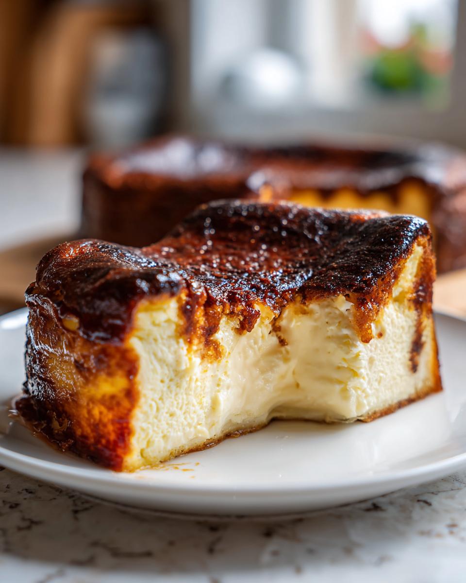 A close-up of a slice of Basque burnt cheesecake showing its creamy interior and dark caramelized top.