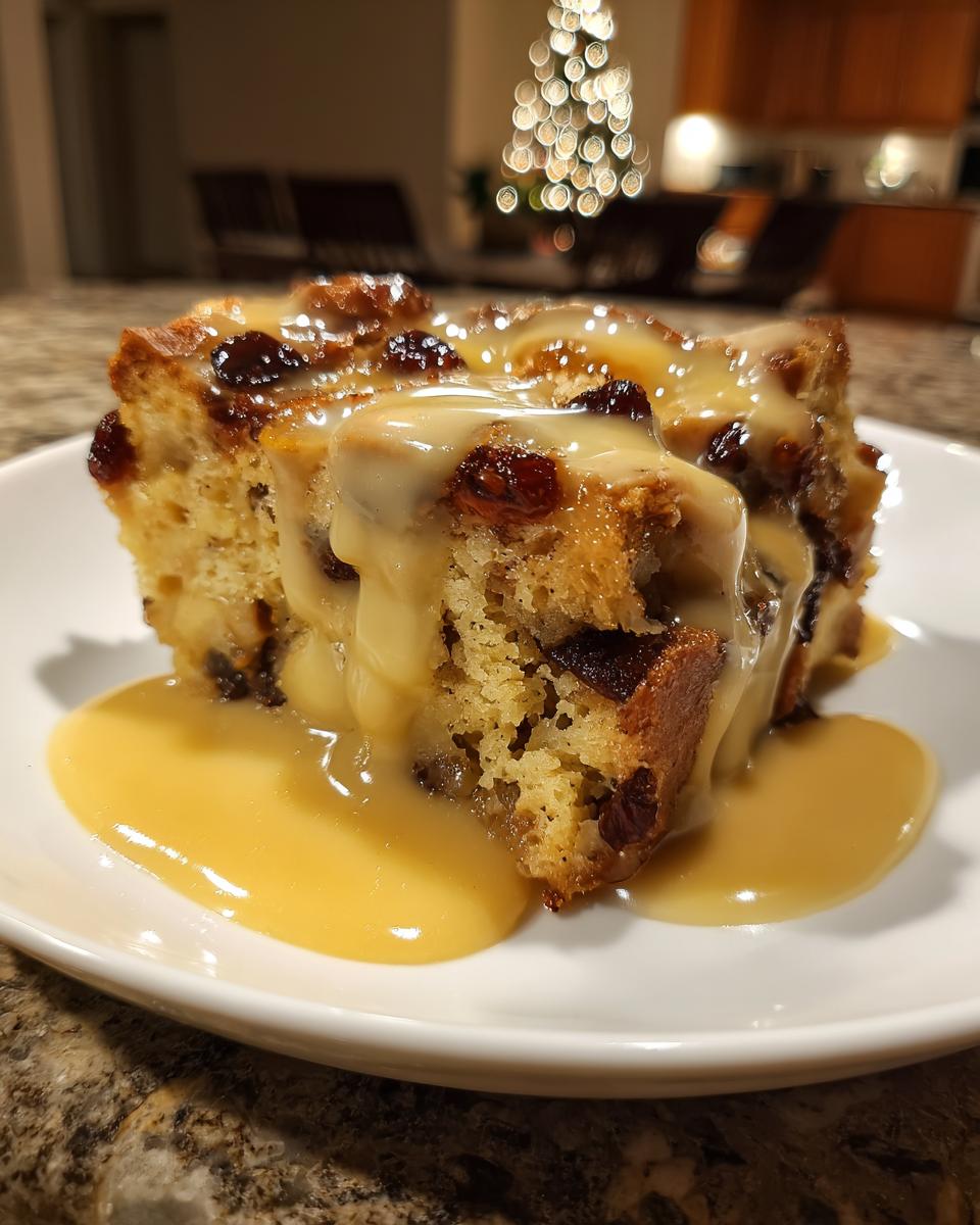 A close-up of a moist slice of bread pudding loaded with raisins, topped with thick caramel sauce.