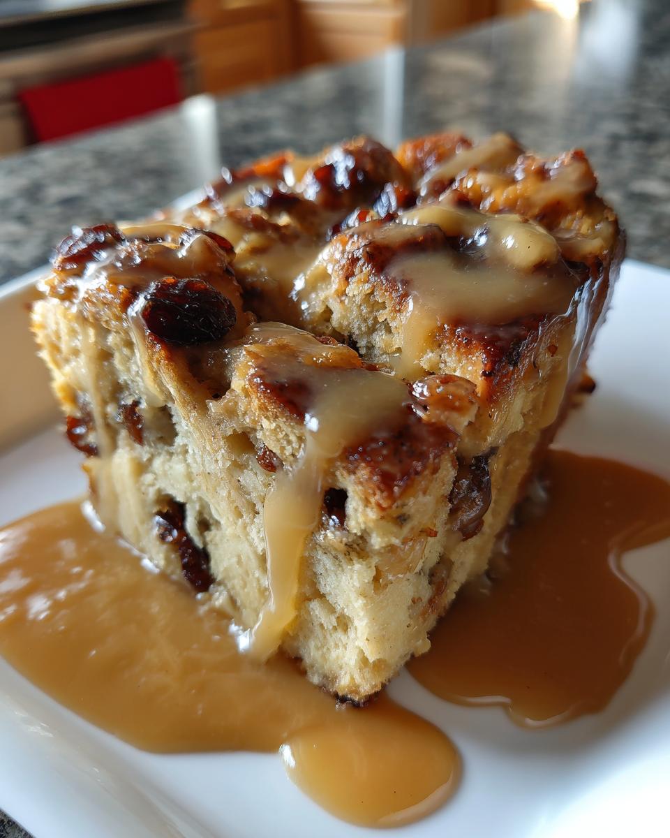 Close-up of a moist slice of bread pudding studded with raisins, generously topped with caramel sauce.