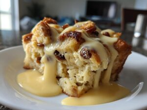 A close-up of a rich slice of bread pudding studded with raisins, generously topped with creamy vanilla custard sauce.