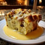 A decadent slice of bread pudding studded with raisins, topped with vanilla sauce.