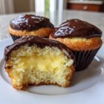 Close-up of boston cream pie cupcakes, one bitten to show rich vanilla custard filling and chocolate glaze.