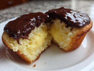 A boston cream pie cupcake cut in half showing the yellow pastry cream filling, topped with rich chocolate ganache.