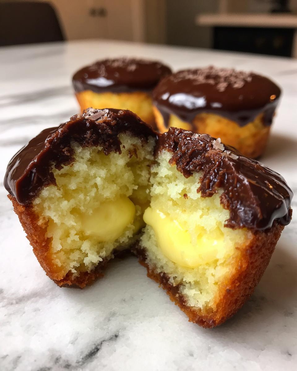 Close-up of a boston cream pie cupcake cut in half, showing vanilla cake, yellow pastry cream filling, and chocolate ganache topping.
