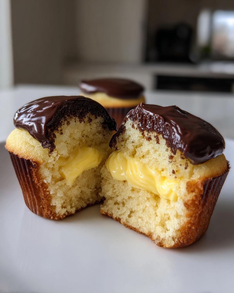 A boston cream pie cupcake cut in half showing vanilla cake, pastry cream filling, and chocolate ganache topping.