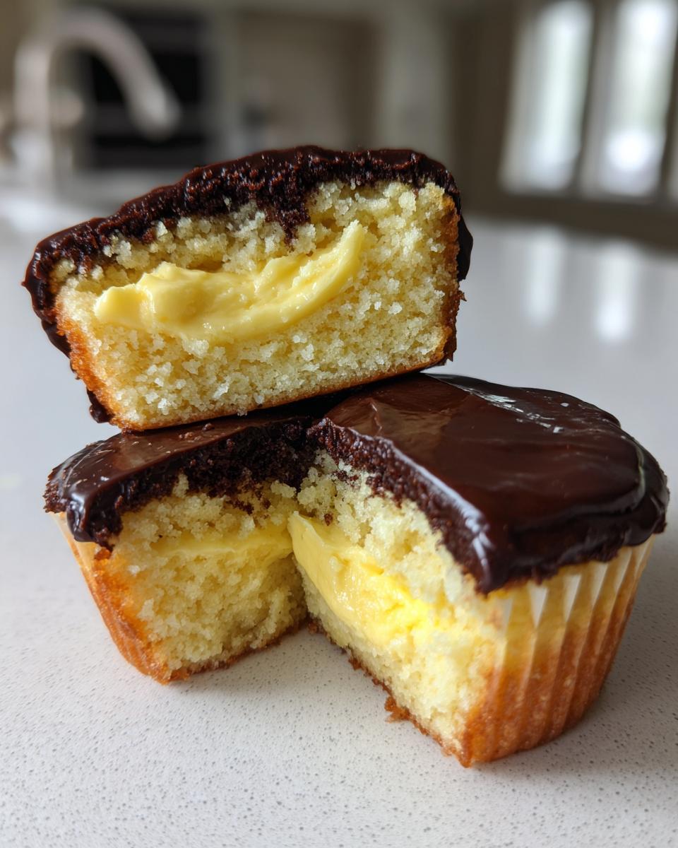 Close-up of boston cream pie cupcakes cut in half showing vanilla cake, rich pastry cream filling, and chocolate ganache topping.