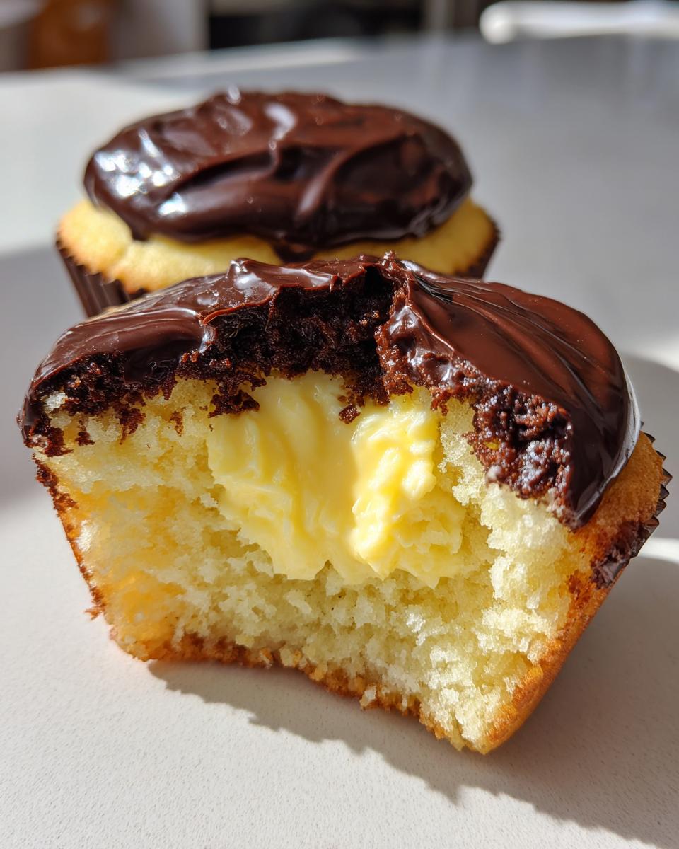 Close-up of a boston cream pie cupcakes cut in half showing vanilla cake, rich pastry cream filling, and chocolate ganache topping.