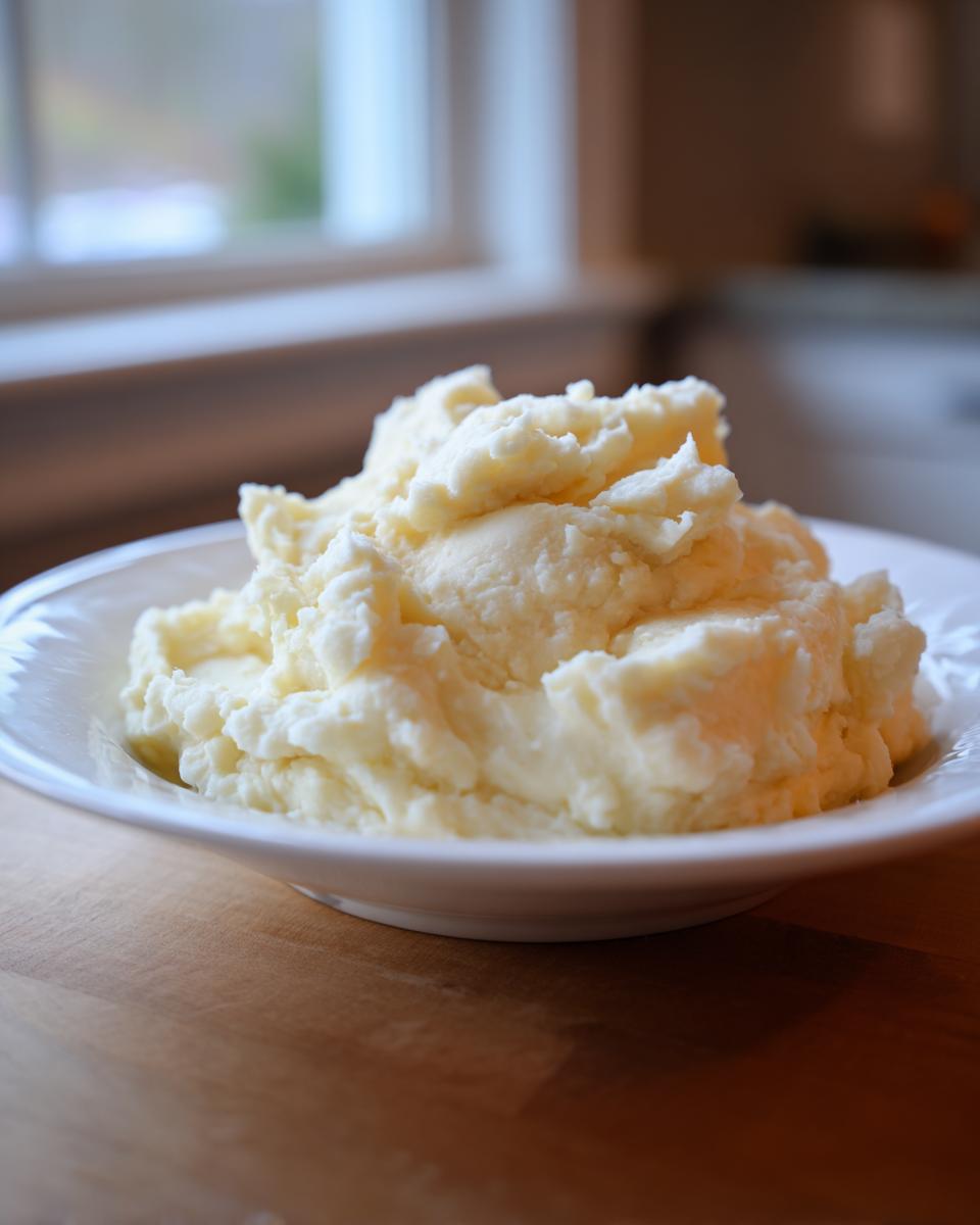 A generous serving of creamy Boursin mashed potatoes piled high in a white bowl on a wooden surface.