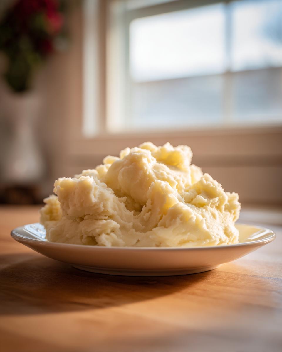 A generous serving of fluffy Boursin mashed potatoes piled high on a small white plate, set on a wooden table.