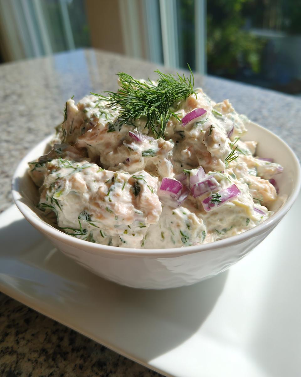 A close-up of a bowl filled with creamy healthy tuna salad, mixed with chopped red onion and topped with fresh dill.