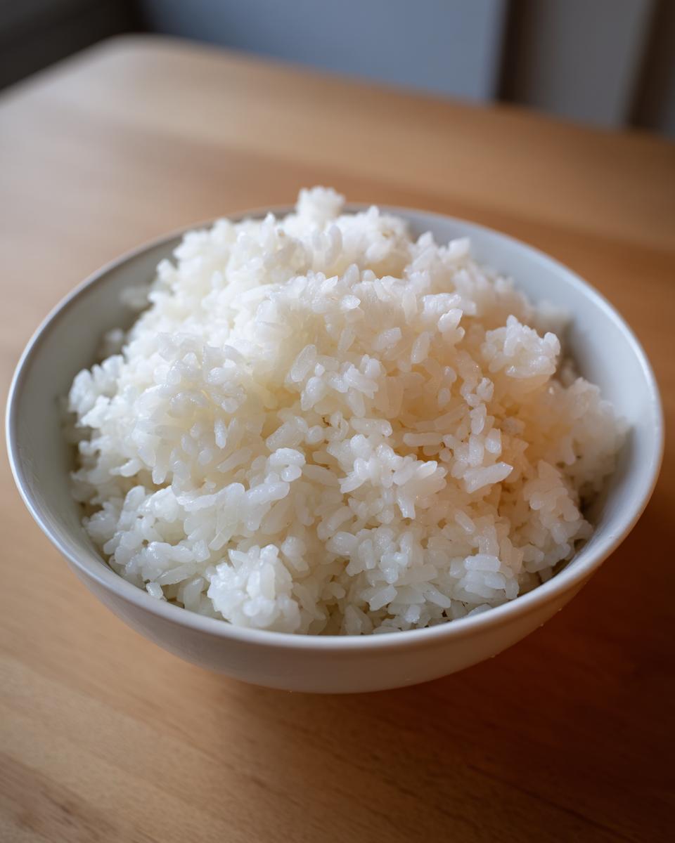 A close-up of a white bowl filled with perfectly cooked, fluffy sushi rice on a wooden table.