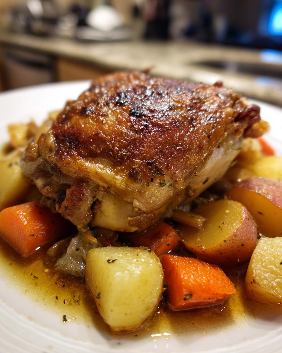 Close-up of a perfectly cooked braised chicken thighs with crispy skin served over potatoes and carrots in savory broth.