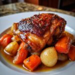 Close-up of a single serving of braised chicken thighs with crispy skin, served over carrots and small potatoes in rich sauce.