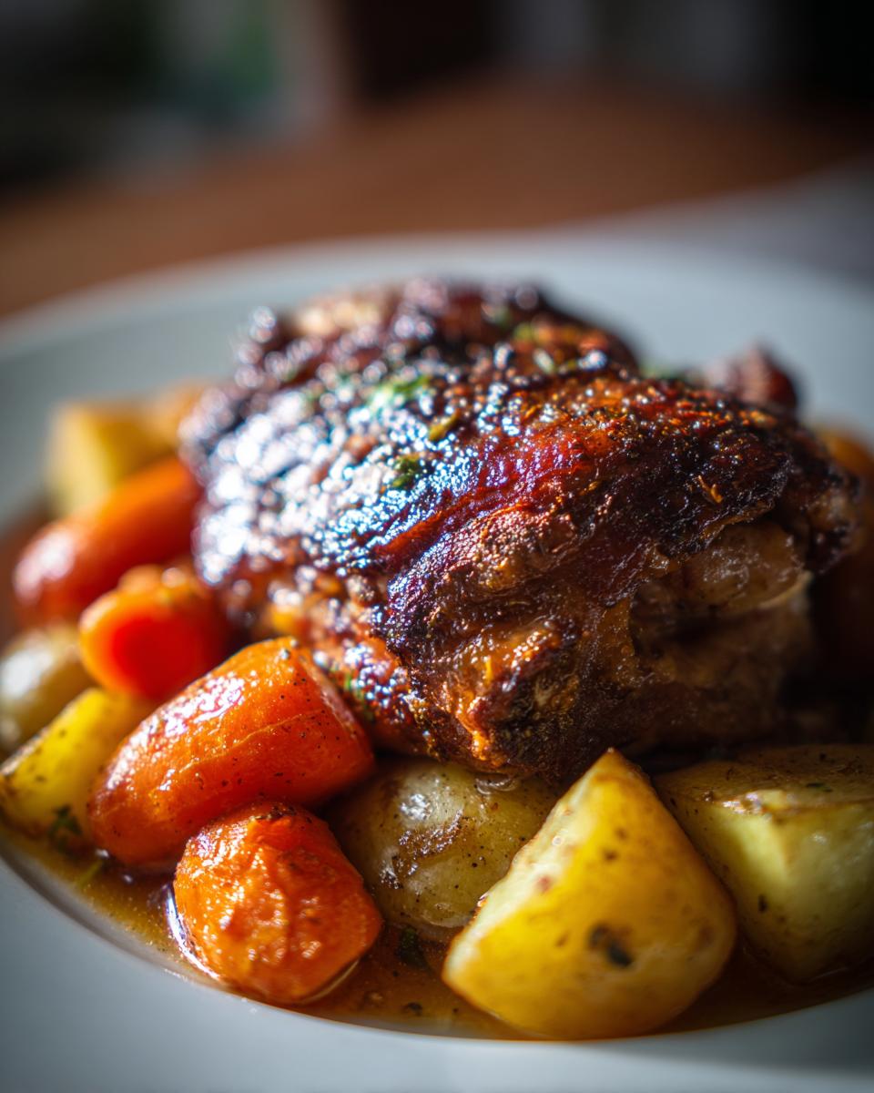 Close-up of a rich, dark braised chicken thighs served over tender potatoes and carrots in savory sauce.