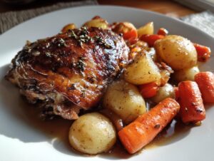 A close-up of a serving of braised chicken thighs with roasted potatoes and carrots in a rich sauce.