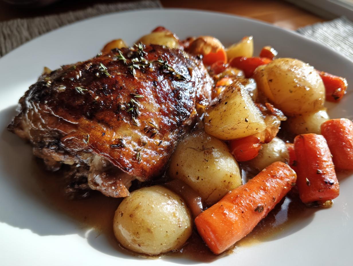 A close-up of a serving of braised chicken thighs with roasted potatoes and carrots in a rich sauce.
