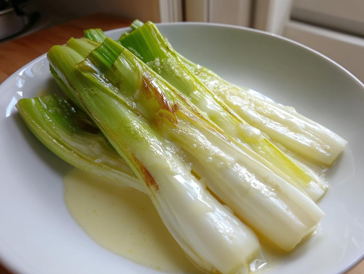 Close-up of tender braised leeks served in a white bowl with a creamy, pale yellow sauce.