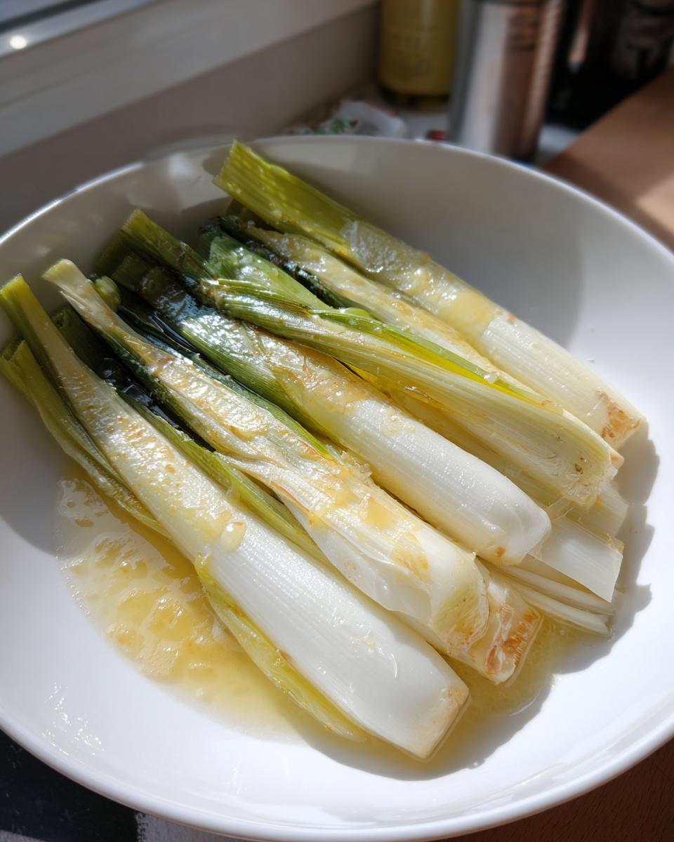 A white bowl filled with tender, perfectly braised leeks sitting in a pool of melted butter or sauce.
