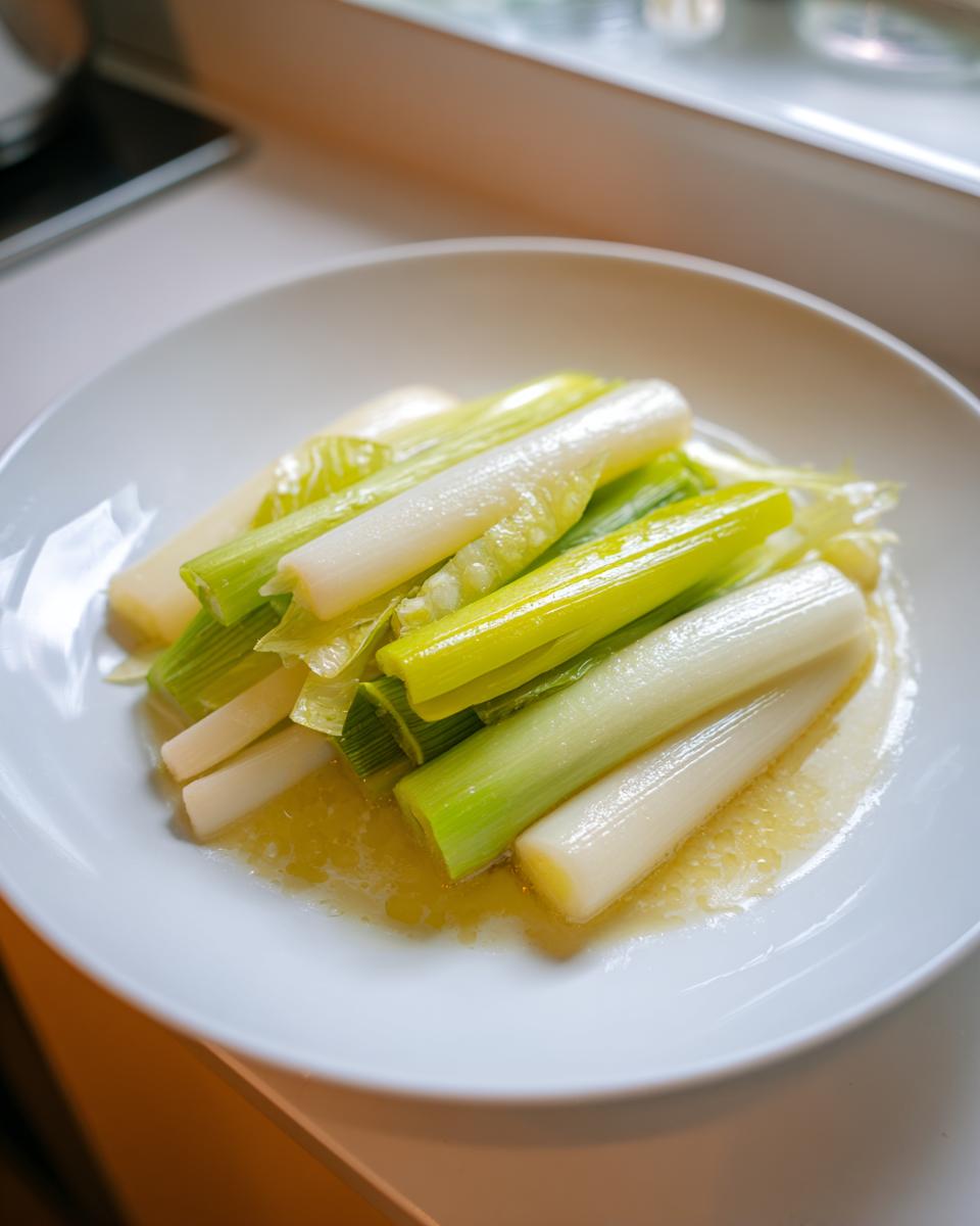 Close-up of tender, bright green and white braised leeks served in a shallow pool of buttery liquid on a white plate.