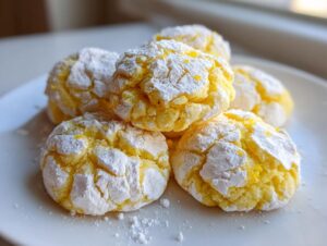 A close-up of several bright yellow lemon crinkle cookies dusted heavily with powdered sugar.
