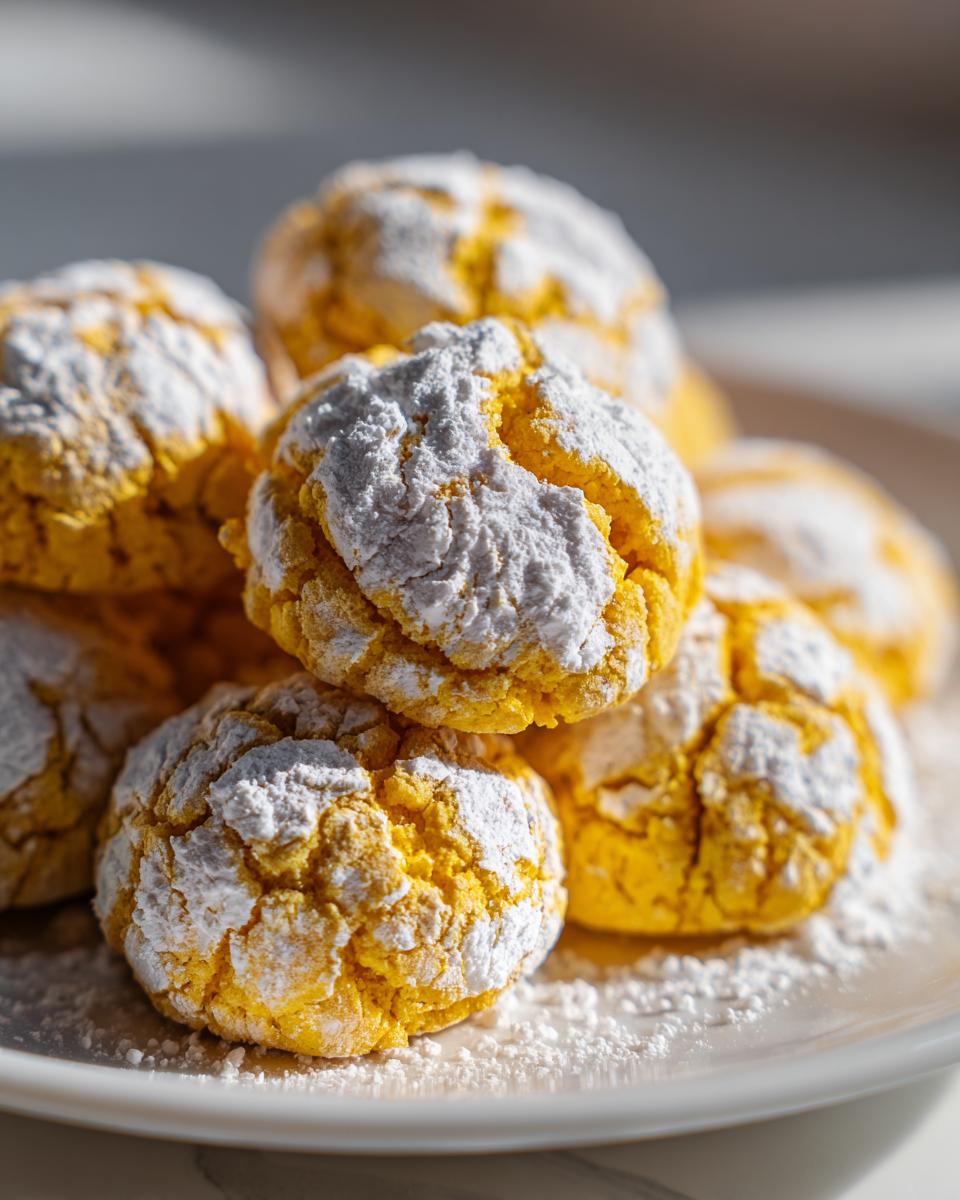 Close-up of bright yellow lemon crinkle cookies heavily dusted with powdered sugar, piled on a white plate.