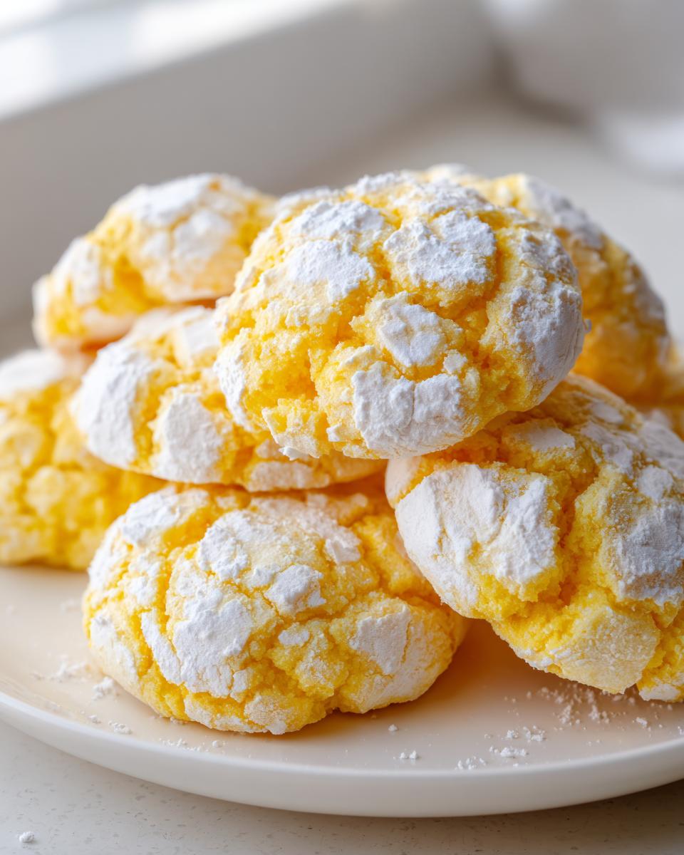 A stack of bright yellow lemon crinkle cookies heavily dusted with white powdered sugar, resting on a light plate.