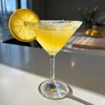 A bright yellow lemon drop cocktail served in a martini glass with a sugar rim and a lemon wheel garnish.
