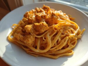 Close-up of creamy, orange-hued Cajun chicken pasta served on a bright white plate, catching sunlight.