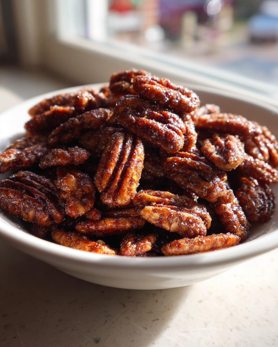 A close-up of a white bowl filled with shiny, dark brown candied pecans, highlighted by natural sunlight.