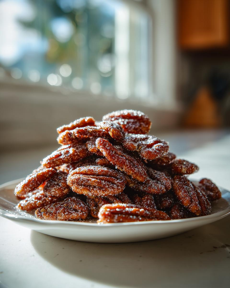 A mound of glistening candied pecans coated in sugar crystals, dramatically lit by sunlight.