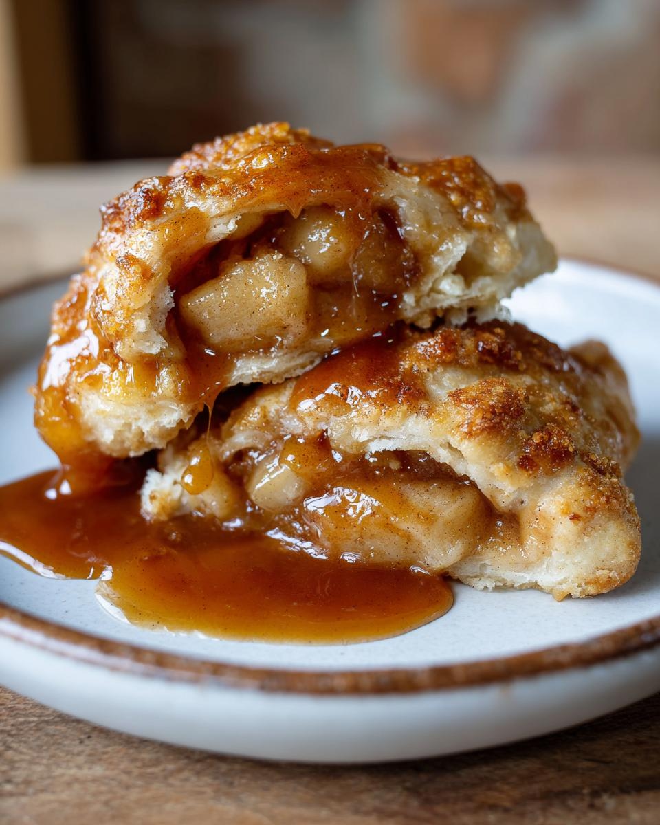 A close-up shot of a warm apple dumpling cut in half, revealing spiced apple filling and drizzled heavily with caramel sauce.