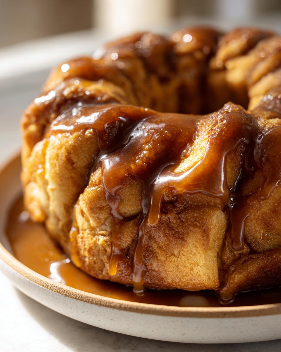 A close-up of a warm, baked apple dumpling ring generously covered in dripping caramel sauce.
