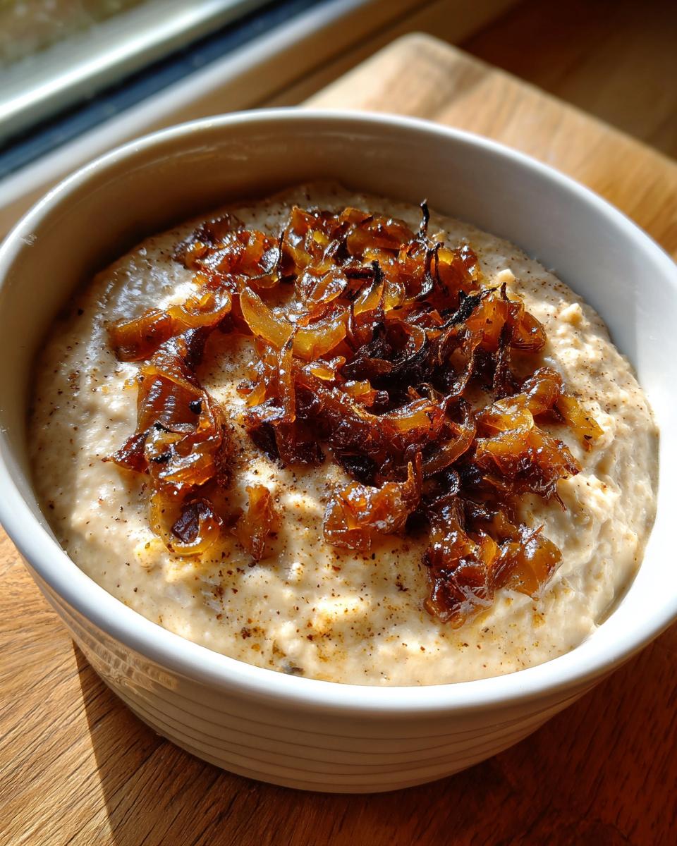 Close-up of a white bowl filled with creamy caramelized onion dip, topped generously with dark, sweet caramelized onions.