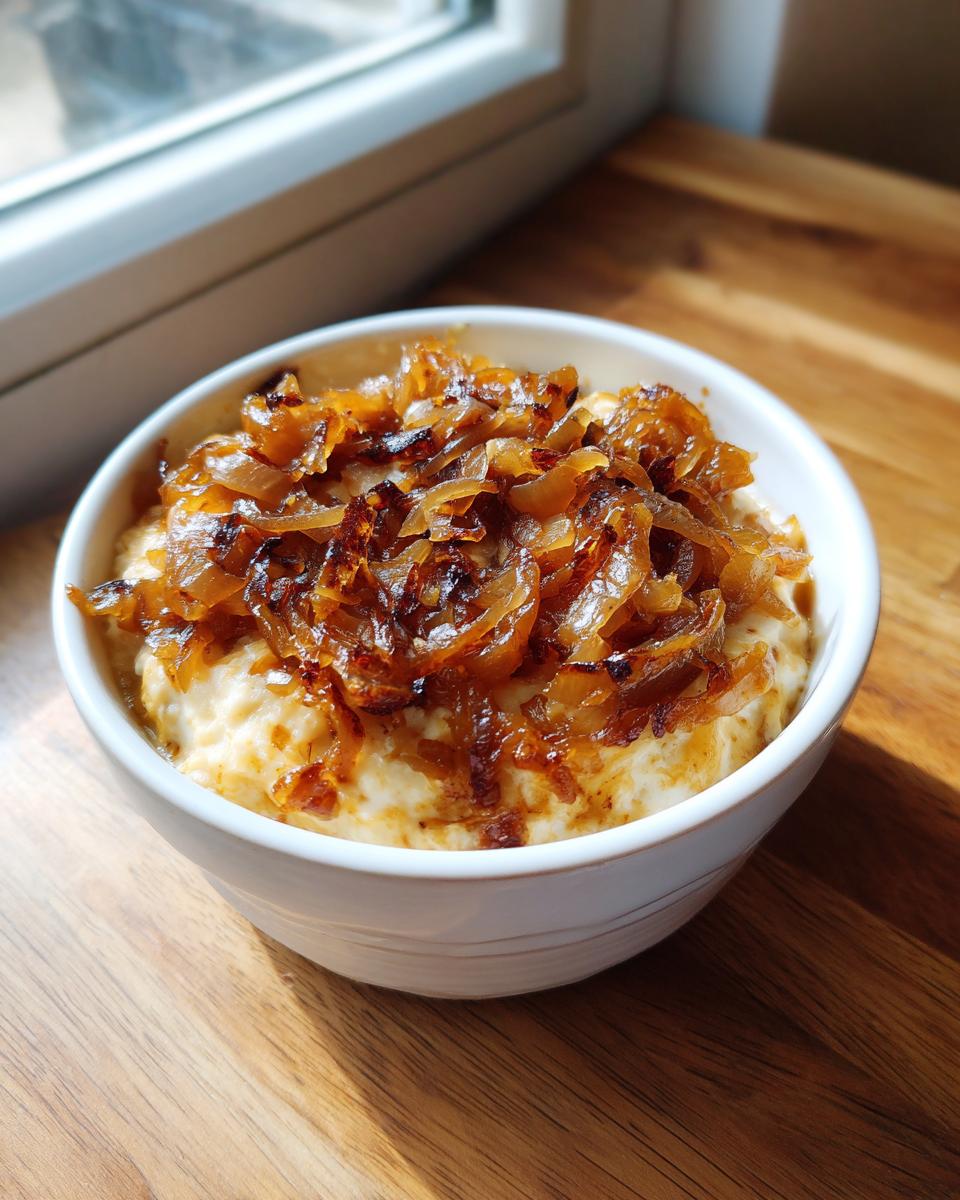 A white bowl filled with creamy caramelized onion dip, generously topped with dark, rich caramelized onions.