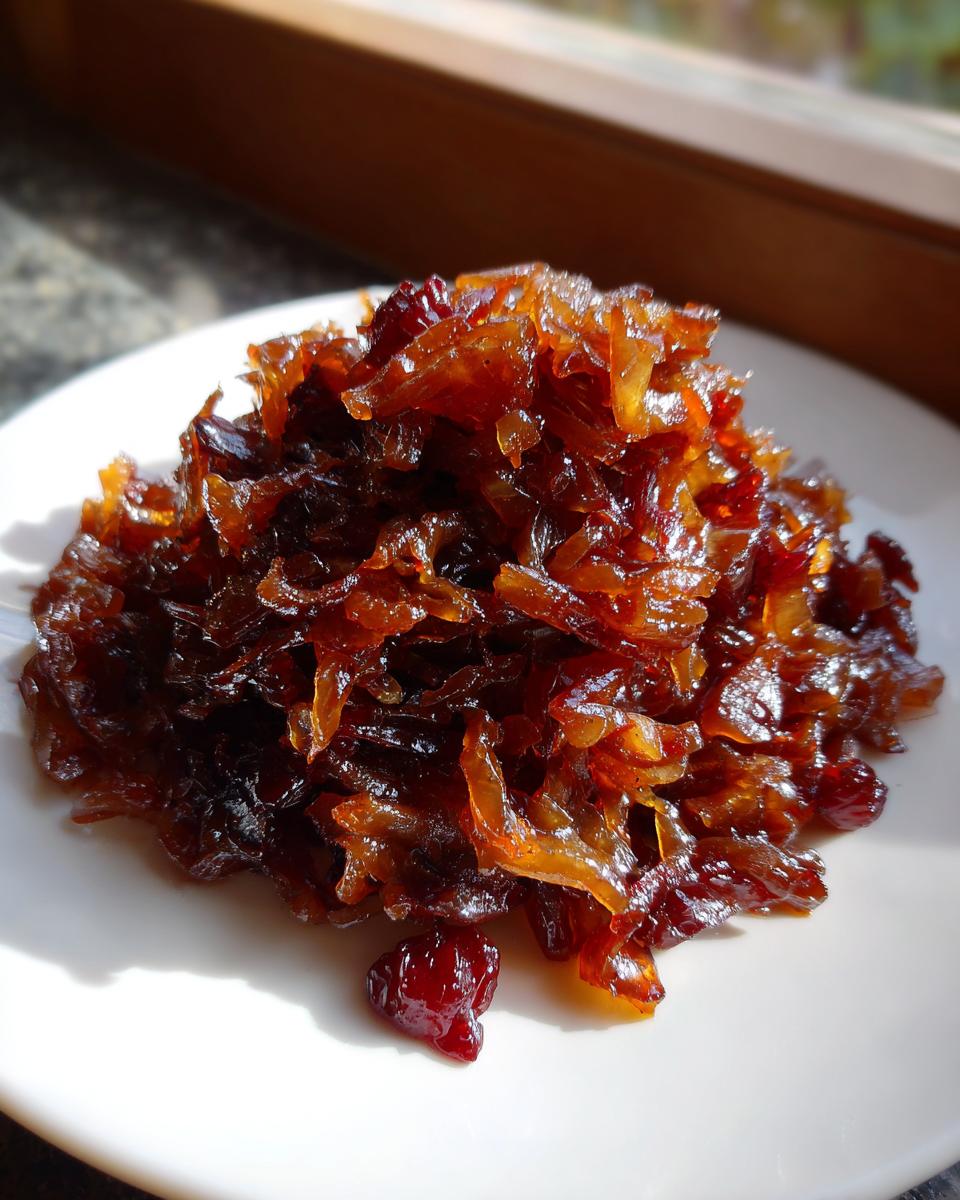 A mound of deeply browned, glistening caramelized onions piled high on a white plate, showcasing rich color.