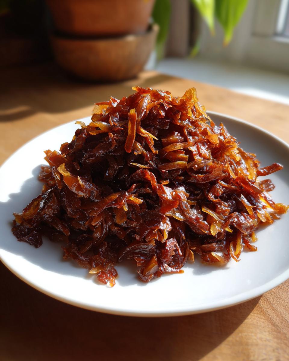 A mound of deeply browned, glossy caramelized onions piled high on a small white plate.
