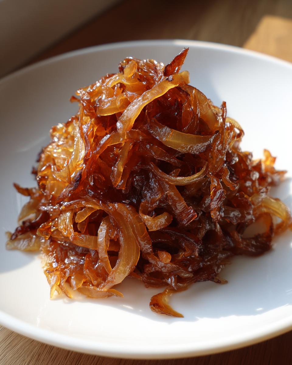 A close-up of a mound of rich, dark brown caramelized onions served on a white plate.