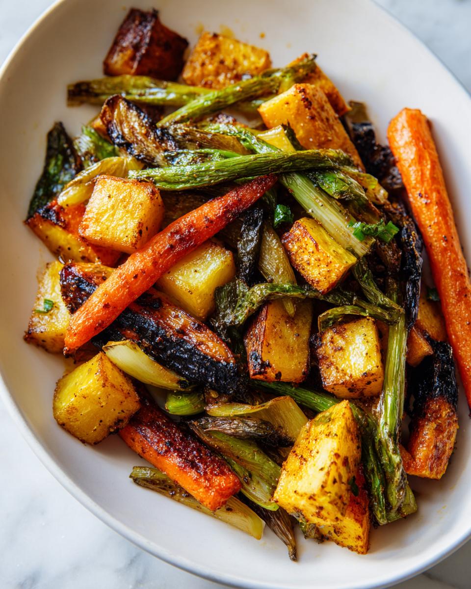 A close-up of beautifully caramelized roasted vegetables, including potatoes, carrots, and green onions, served in a white bowl.