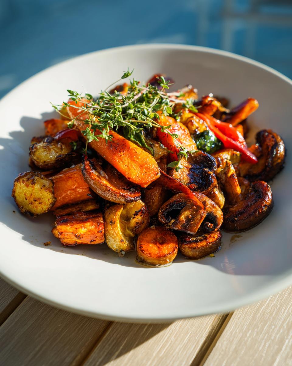 A white bowl filled with beautifully caramelized roasted vegetables, including carrots and mushrooms, topped with fresh thyme.