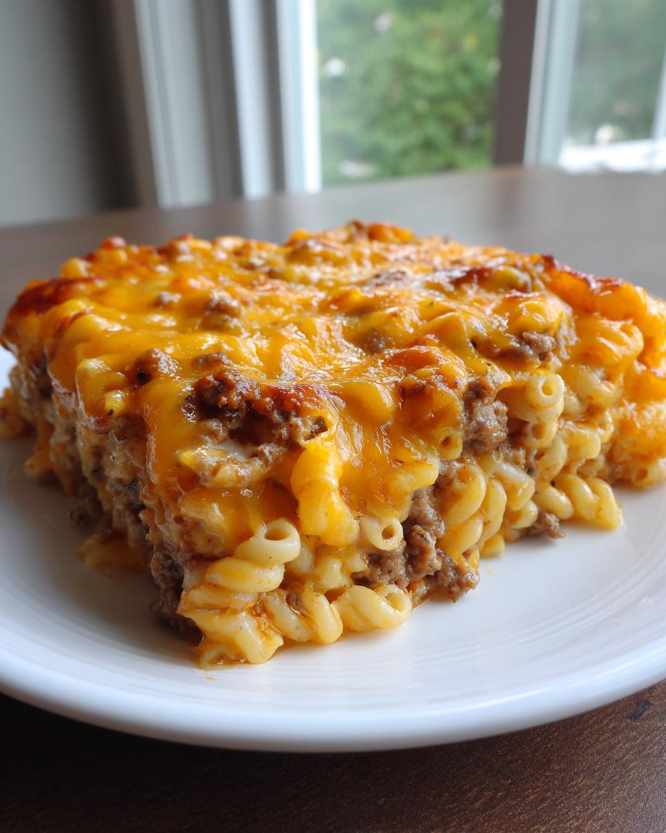 A hearty serving of cheeseburger casserole featuring elbow macaroni, ground beef, and a thick layer of melted cheddar cheese.