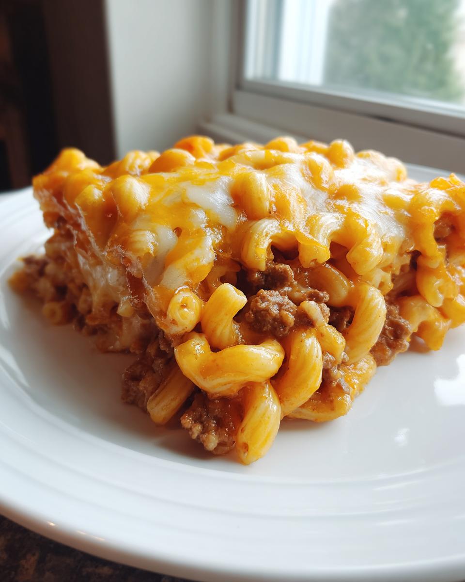A generous serving of cheeseburger casserole featuring macaroni pasta, ground beef, and a thick layer of melted cheddar and white cheese.