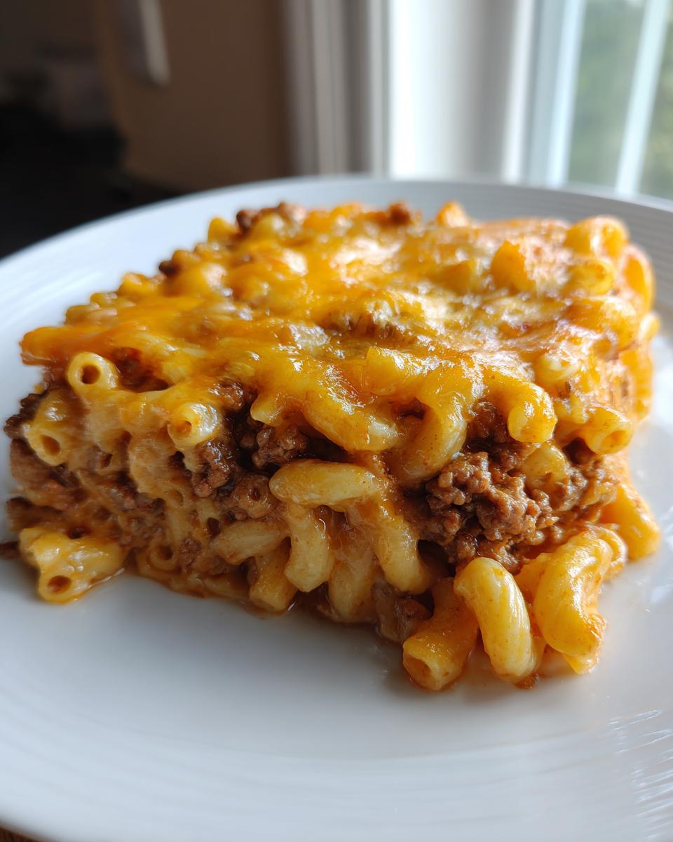A generous serving of cheeseburger casserole featuring elbow macaroni, seasoned ground beef, and a melted cheddar cheese topping.
