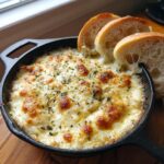 Close-up of a hot, bubbly, cheesy bread dip in a small cast iron skillet served with slices of baguette for dipping.