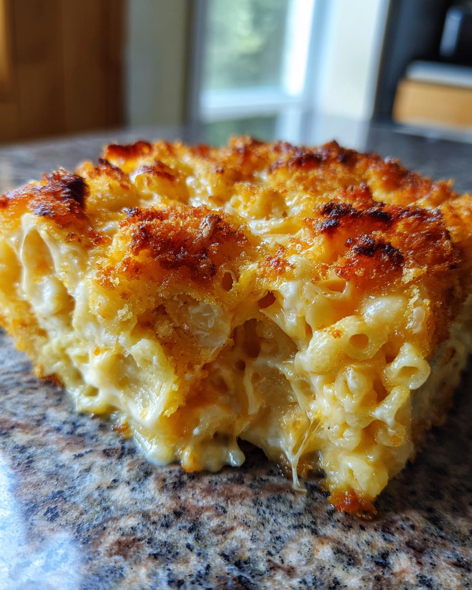 Close-up of a rich, cheesy slice of baked mac and cheese with a golden-brown crust and gooey interior.