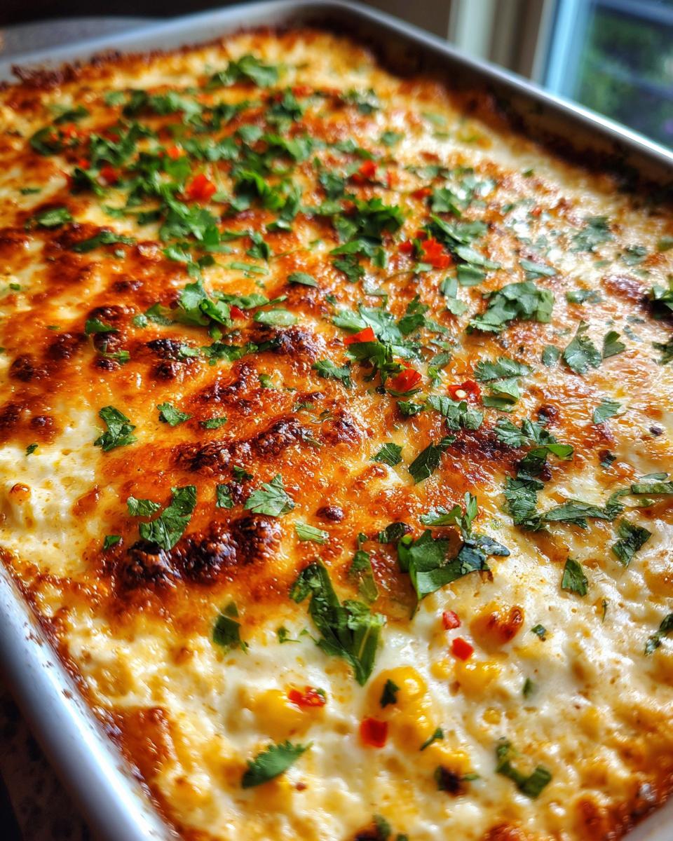 Close-up of a baked, cheesy street corn dip topped with fresh cilantro and red chili flakes.