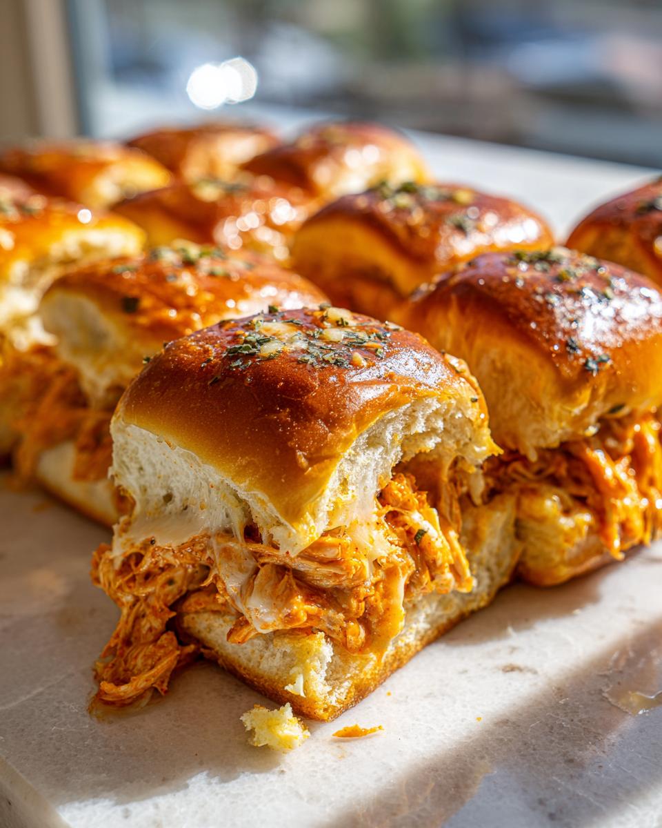 A close-up of one of the buffalo chicken sliders pulled apart, showing melted cheese and shredded chicken filling inside a glazed, herb-topped roll.