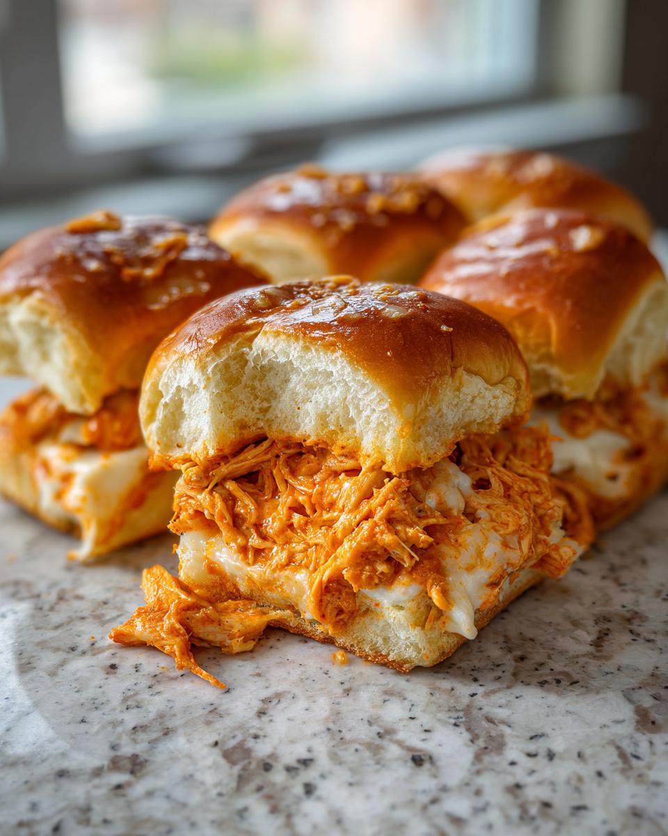 A close-up of one of the buffalo chicken sliders with a bite taken out, showing shredded chicken in orange sauce and melted white cheese.